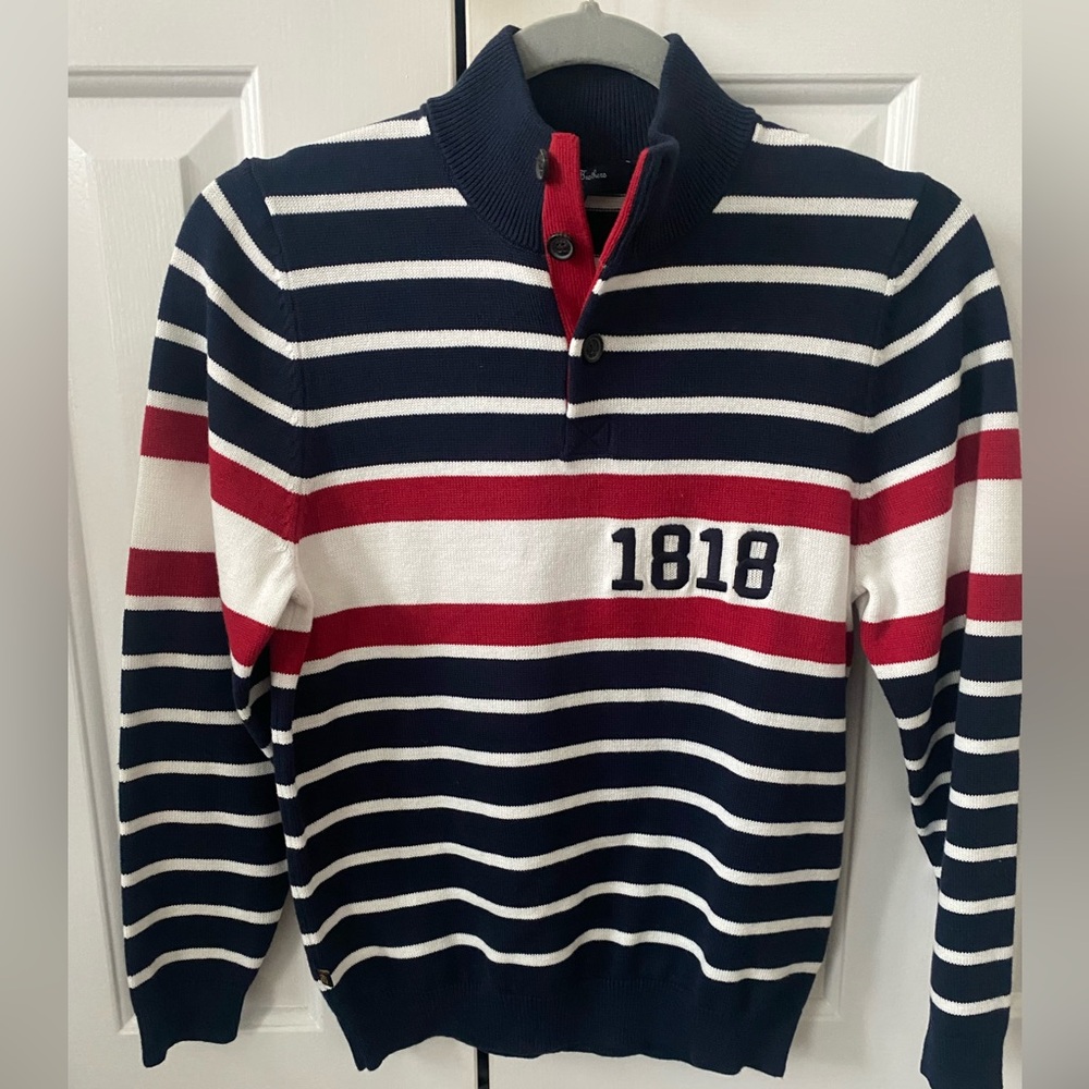 Brooks Brothers Cotton Jacquard Nautical Stripe 1/4 Button Sweater. Boys Size M.